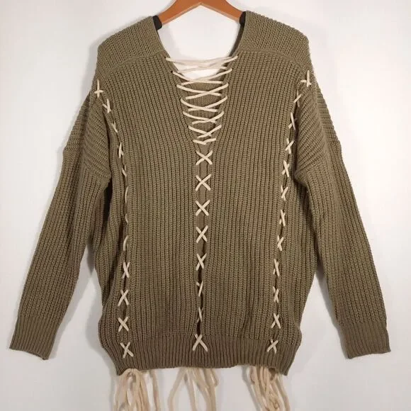 IJOAH Slouchy Knit Sweater Open Back Criss-Cross Lacing Mohair Blend SZ Large - Picture 5 of 13